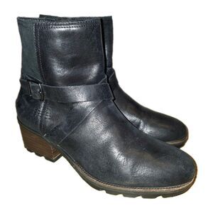 SOREL CATE 8.5 Zip Black Waterproof Leather Block Lug Moto Buckle Boots